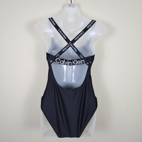 Calvin Klein Criss-Cross Logo One-Piece Swimsuit Womens Large Black White Straps - Picture 1 of 13
